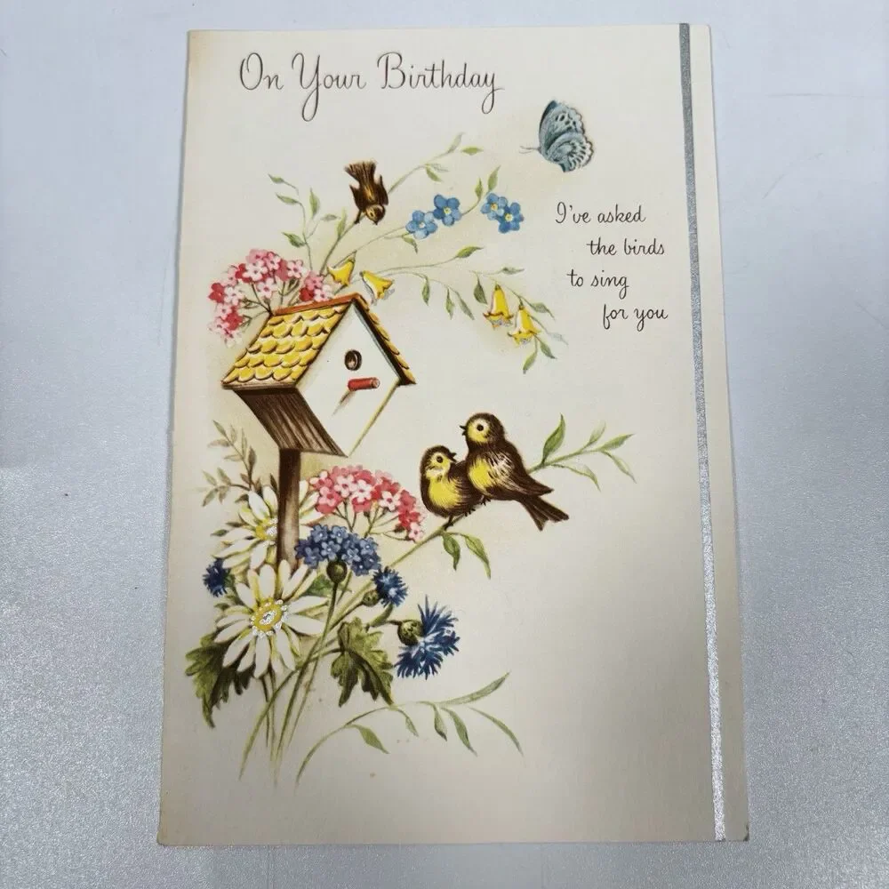 Vintage Norcross Birthday Greeting Card Birdhouse Birds Butterfly Wall Decor MCM